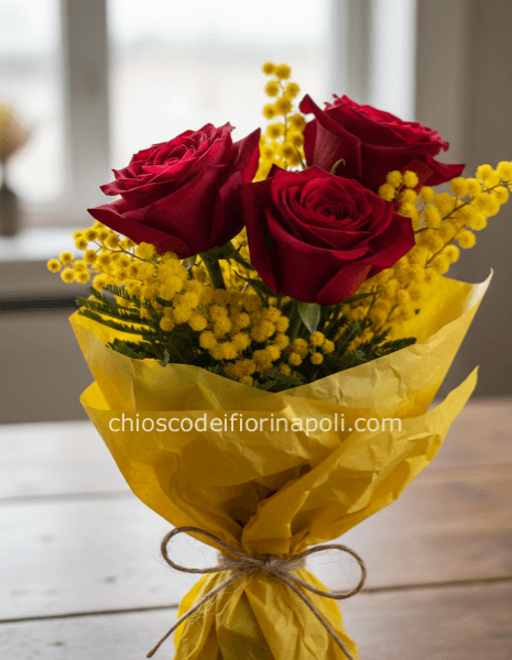 Tre rose rosse con mimosa