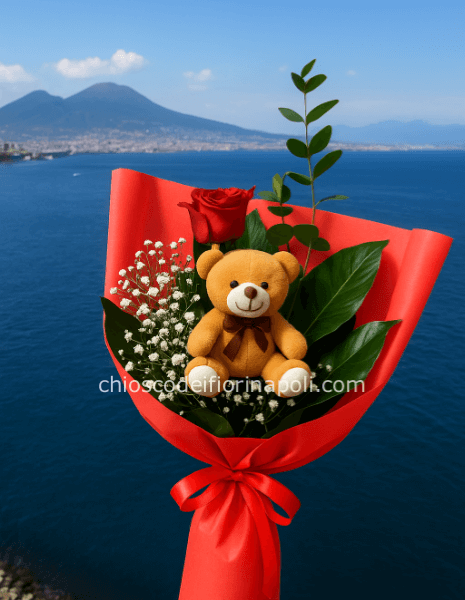 Rosa rossa con orsetto d'amore